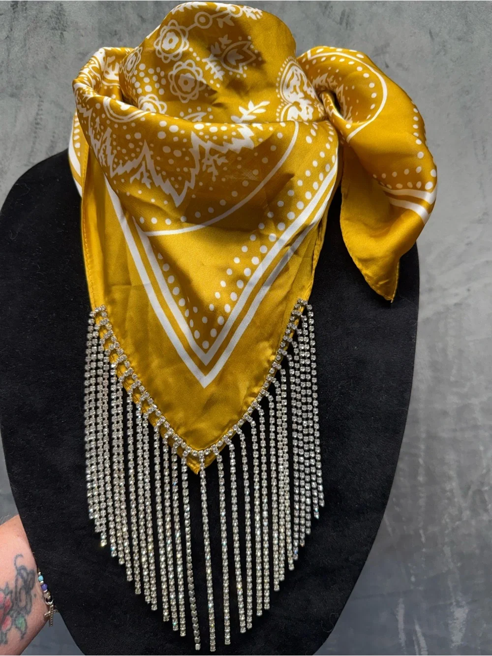 Rockstar Boho Gold Yellow Bandana Scarf Necklace w/ Rhinestone Fringe Cowgirl